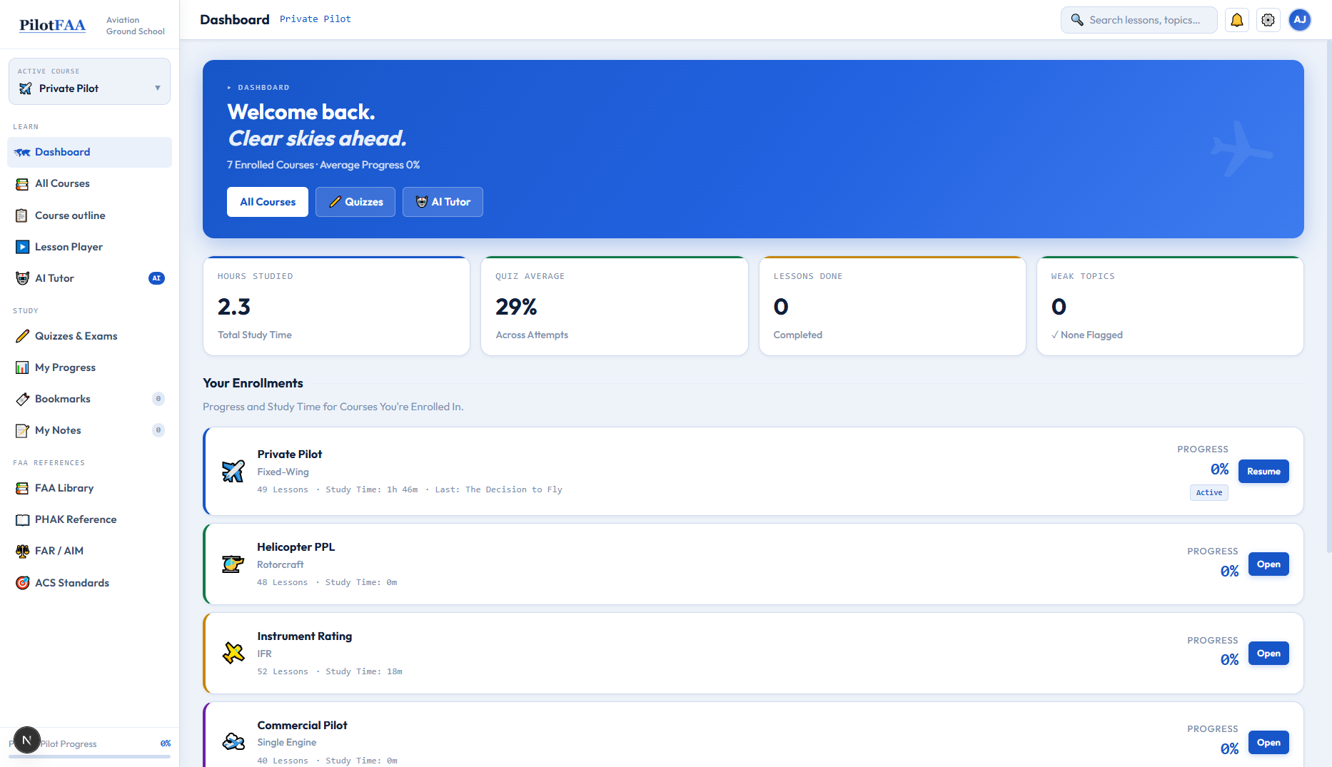 Sample student dashboard with progress