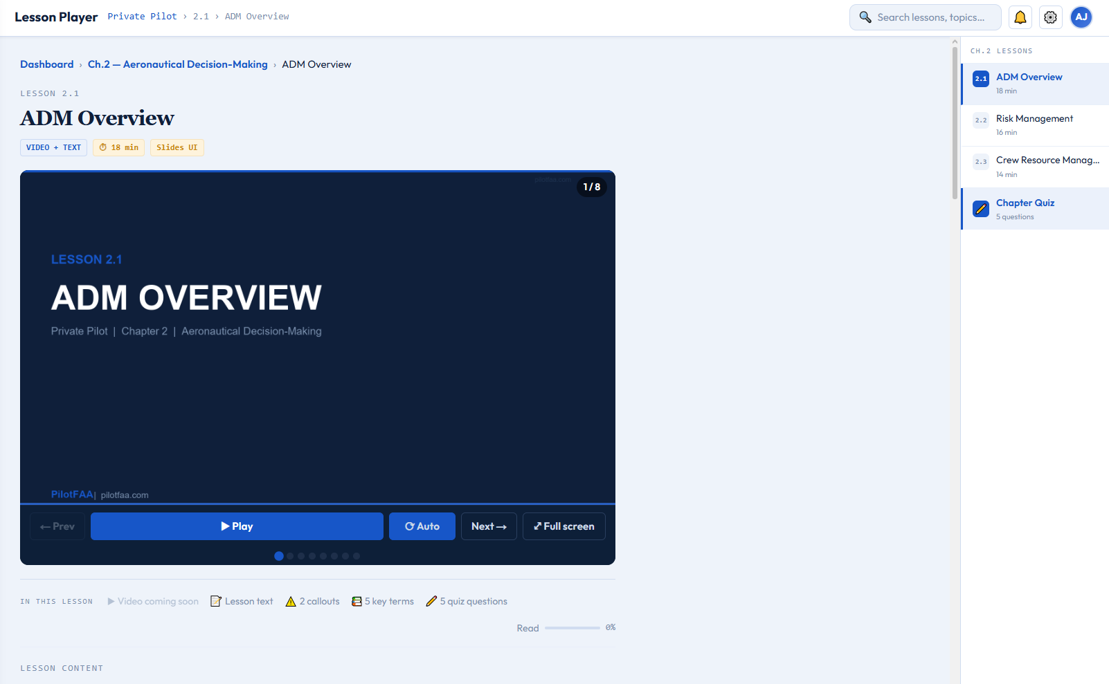 Sample lesson player interface