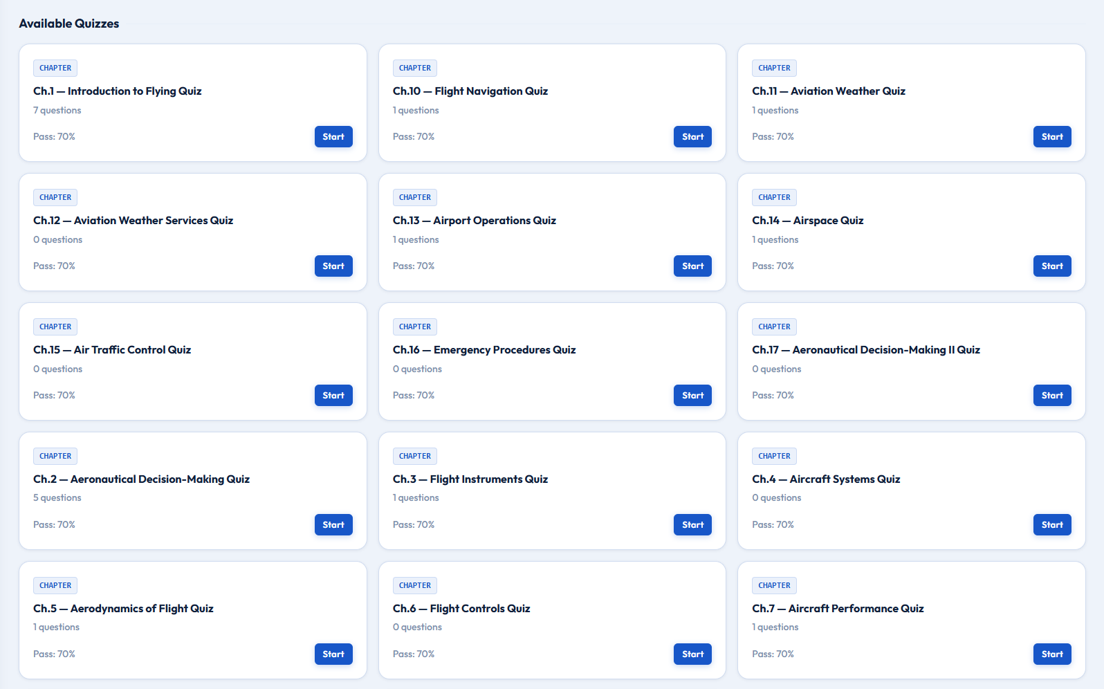 Sample FAA-style quiz practice screen